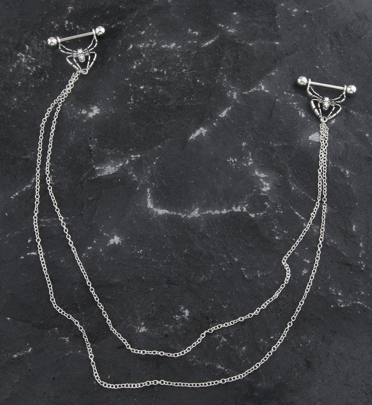 Spider Clear CZ Connecting Chain Nipple Ring Barbell - Image 2