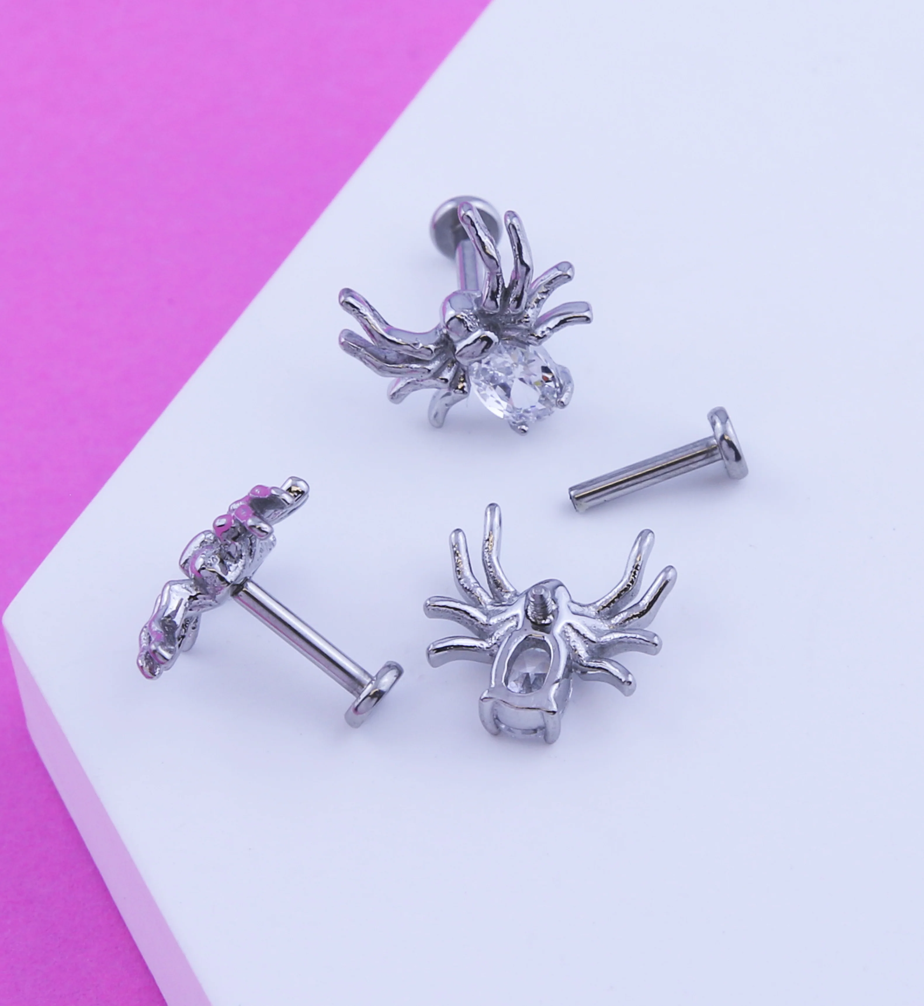 Spider Clear CZ Stainless Steel Internally Threaded Labret - Image 2