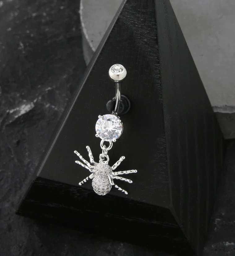 Spider Pave CZ Dangle Stainless Steel Belly Button Ring - Image 2