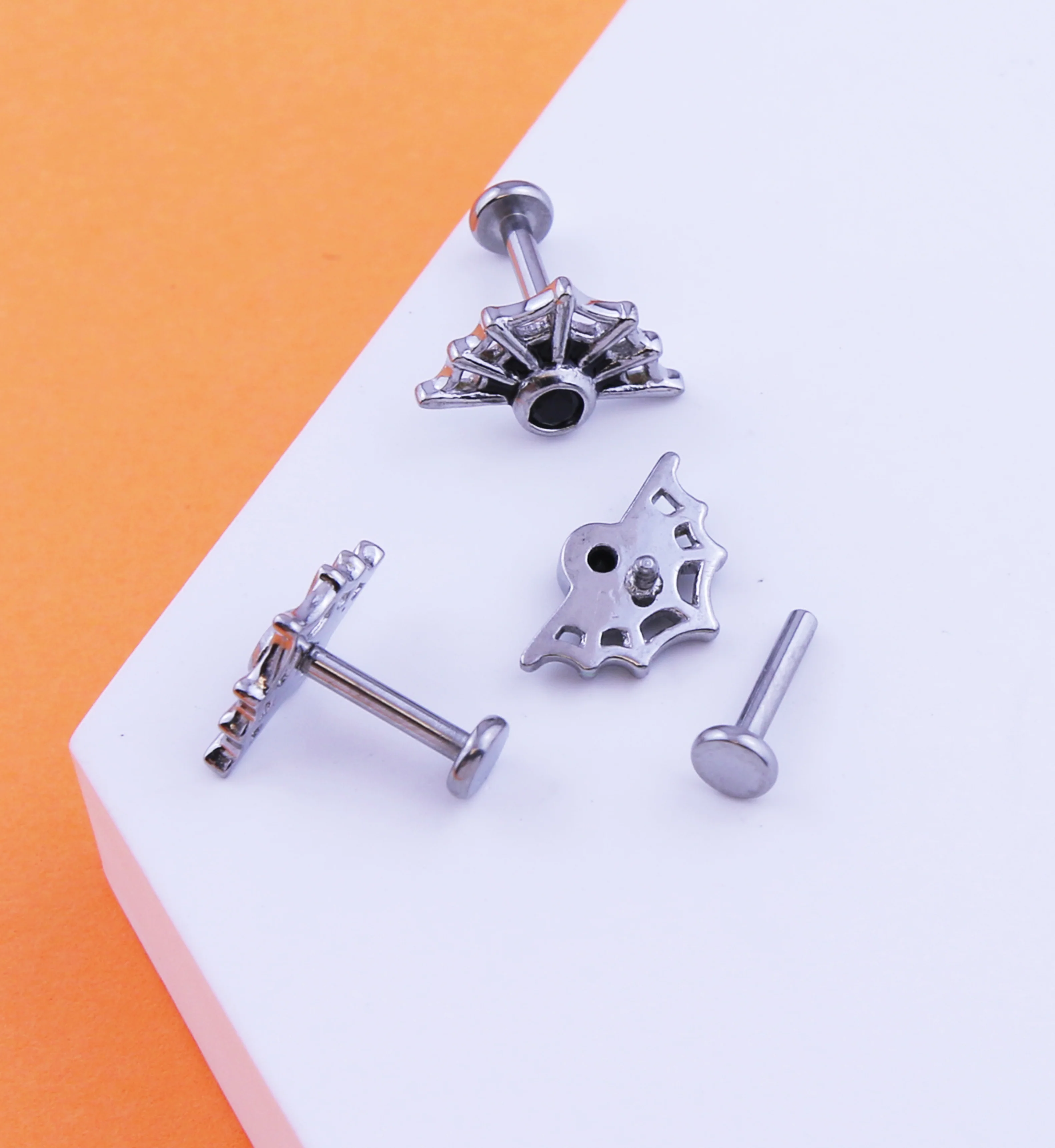 Spider Web Black CZ Stainless Steel Internally Threaded Labret - Image 2