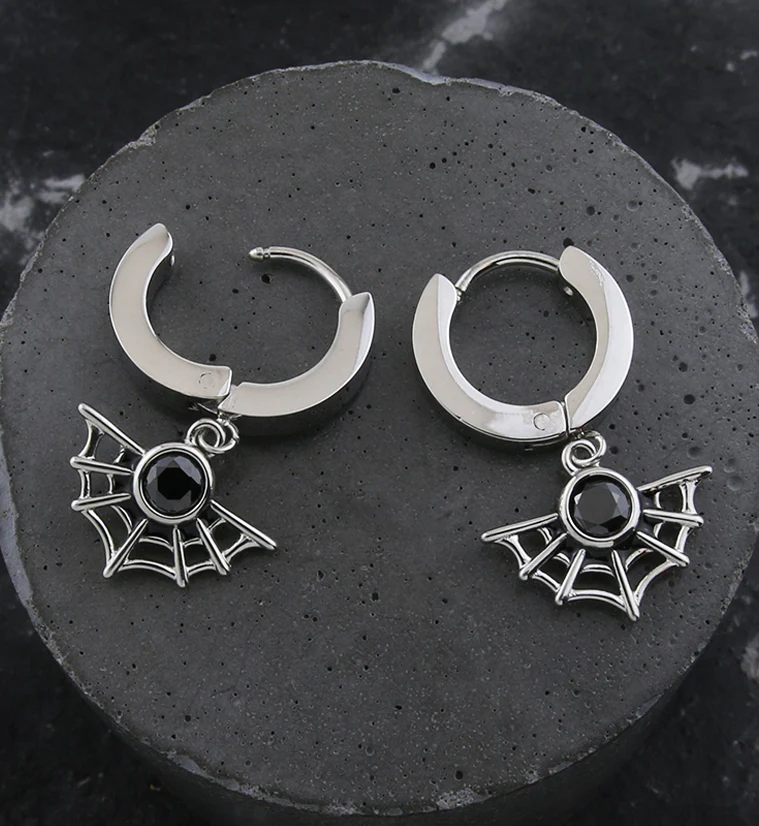 Spiderweb Black CZ Stainless Steel Hoop Huggie Earrings - Image 2
