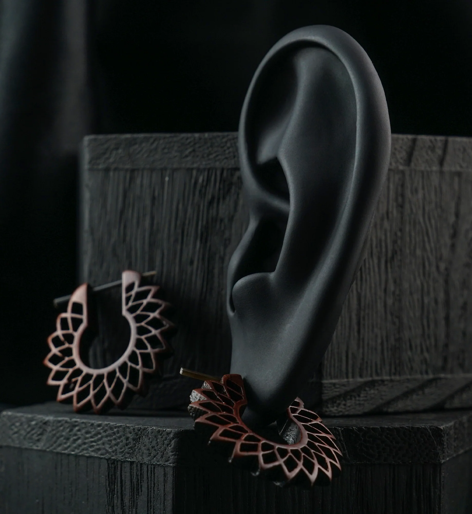Stellate Flower Hoop Wood Earrings - Image 2