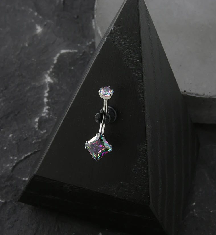 Square Black Aurora CZ Internally Threaded Titanium Belly Button Ring - Image 2