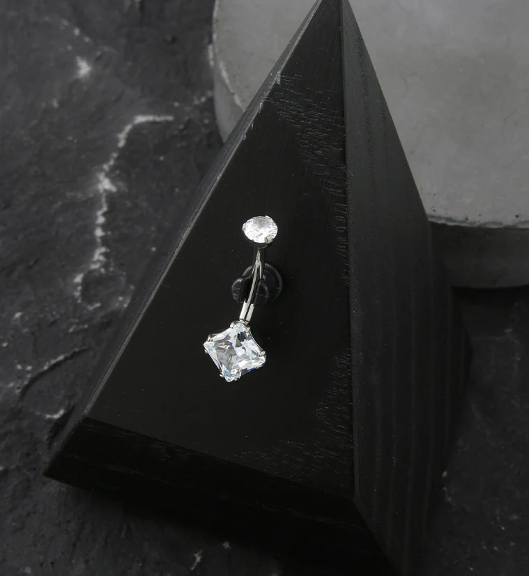 Square Clear CZ Internally Threaded Titanium Belly Button Ring - Image 2
