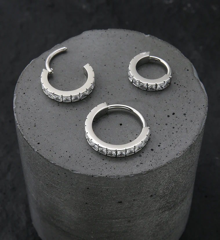 Square CZ Row Stainless Steel Hinged Segment Ring - Image 2