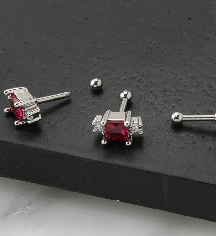 Square Dark Pink CZ Cartilage Barbell - Image 2