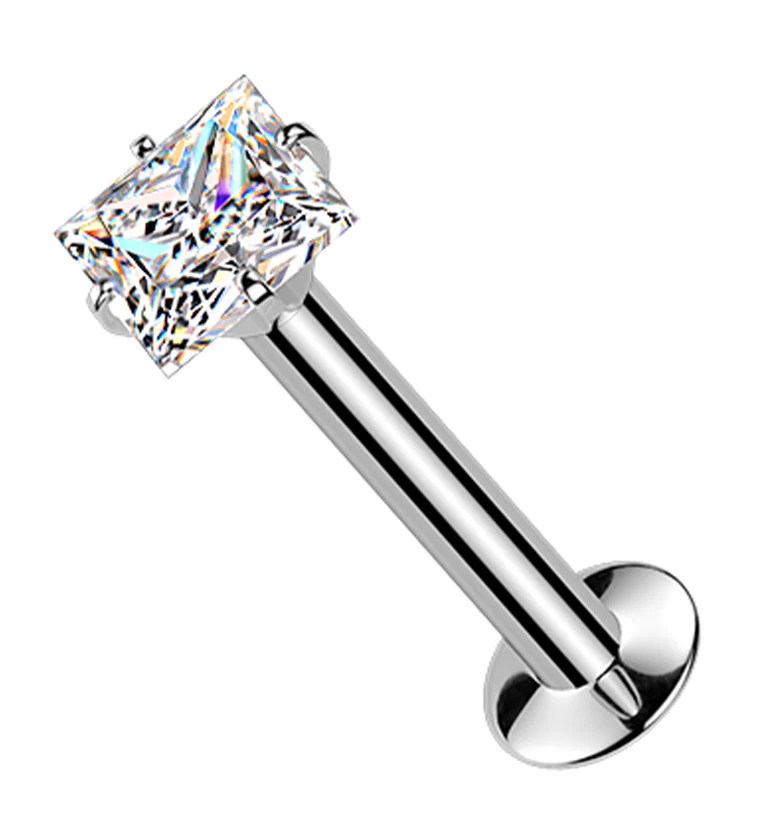 Square Prong Clear CZ Stainless Steel Threadless Convex Disk Labret