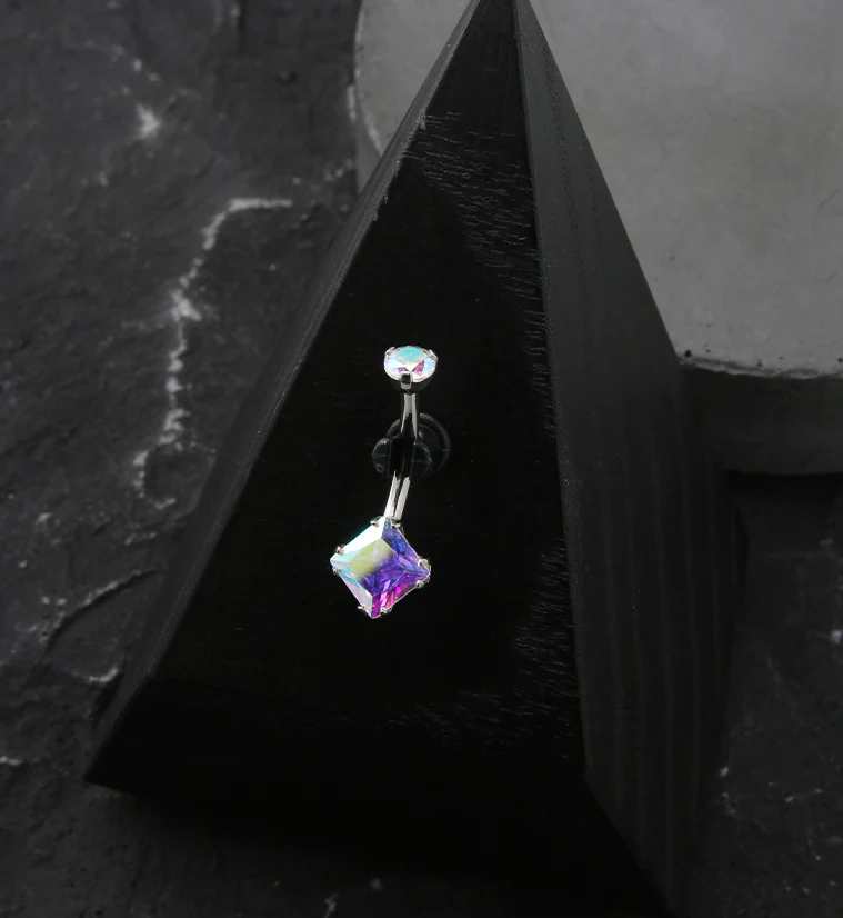 Square Rainbow Aurora CZ Internally Threaded Titanium Belly Button Ring - Image 2