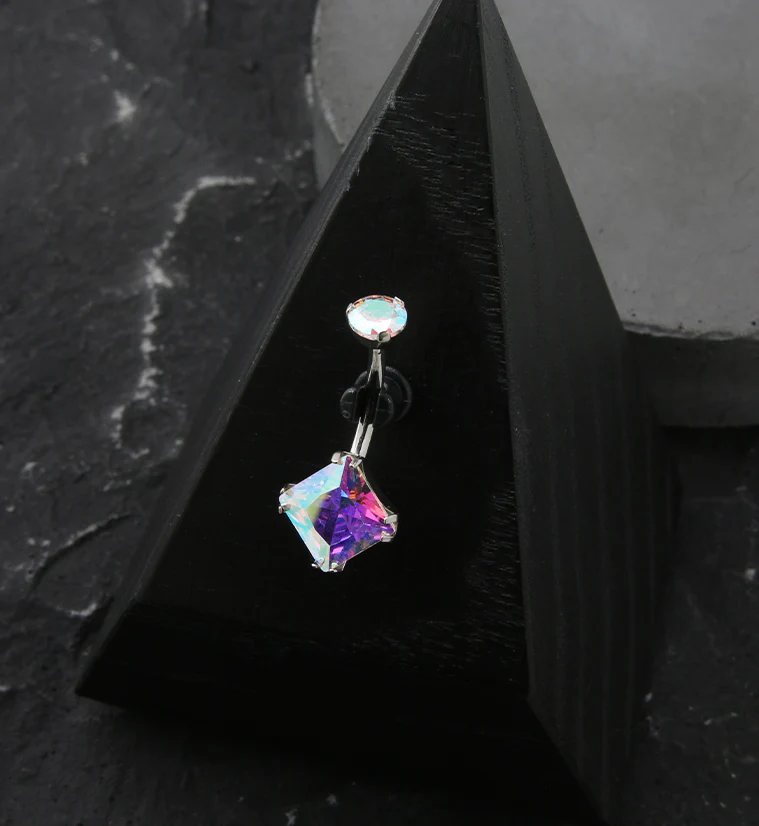 Square Rainbow Aurora CZ Internally Threaded Titanium Belly Button Ring - Image 3