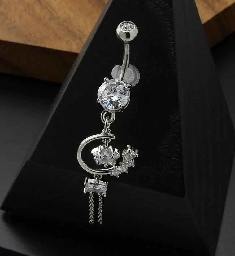 Star Dangle Chain Clear CZ Stainless Steel Belly Button Ring - Image 2