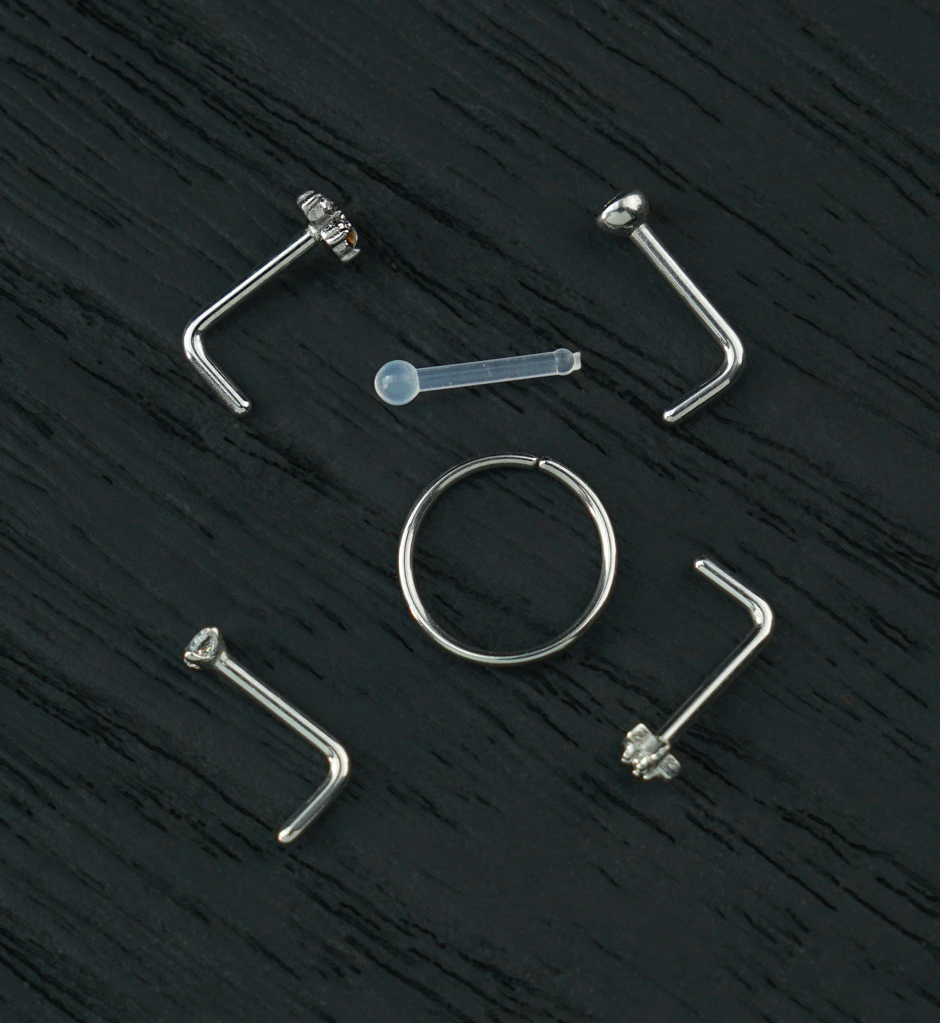 Star Flower Clear CZ Stainless Steel L Bend/Stud/Hoop Nose Ring Pack (6 Pc)
