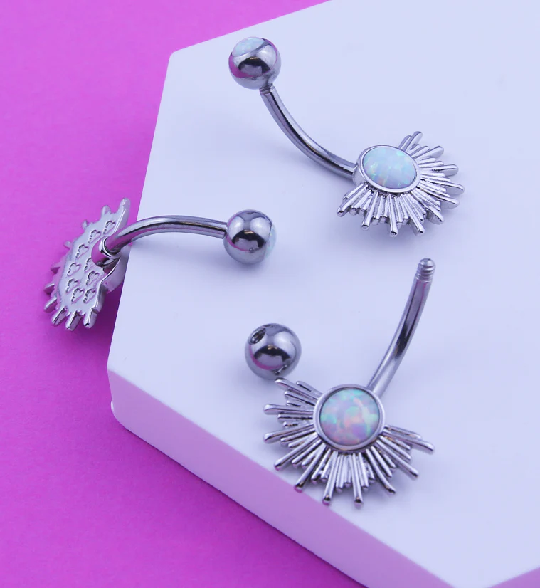 Sunburst White Opalite Stainless Steel Belly Button Ring - Image 2