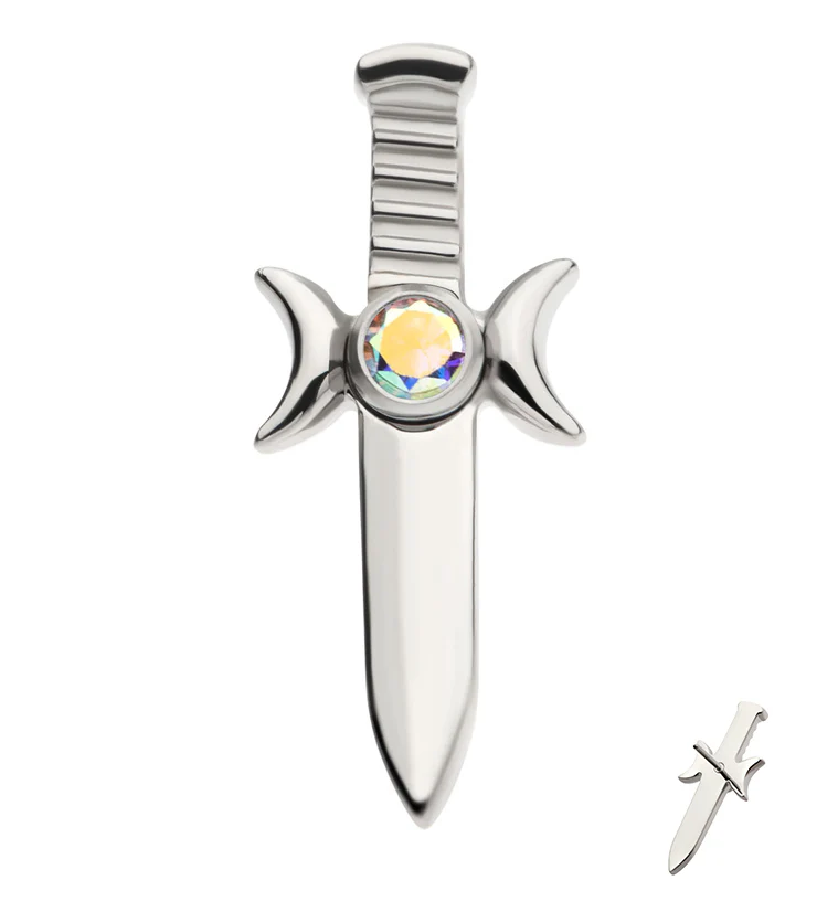 Sword And Moon Phase Rainbow Aurora CZ Threadless Titanium Top
