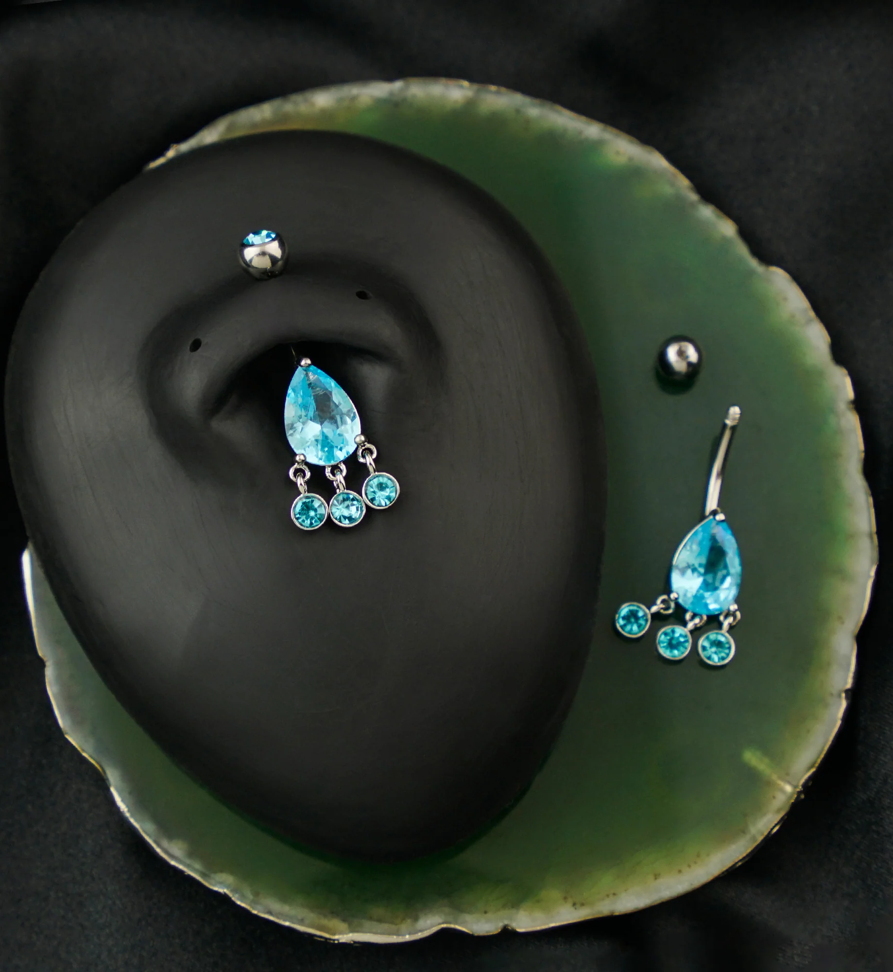 Teardrop Aqua CZ Triple Bezel Dangle Stainless Steel Belly Button Ring - Image 2