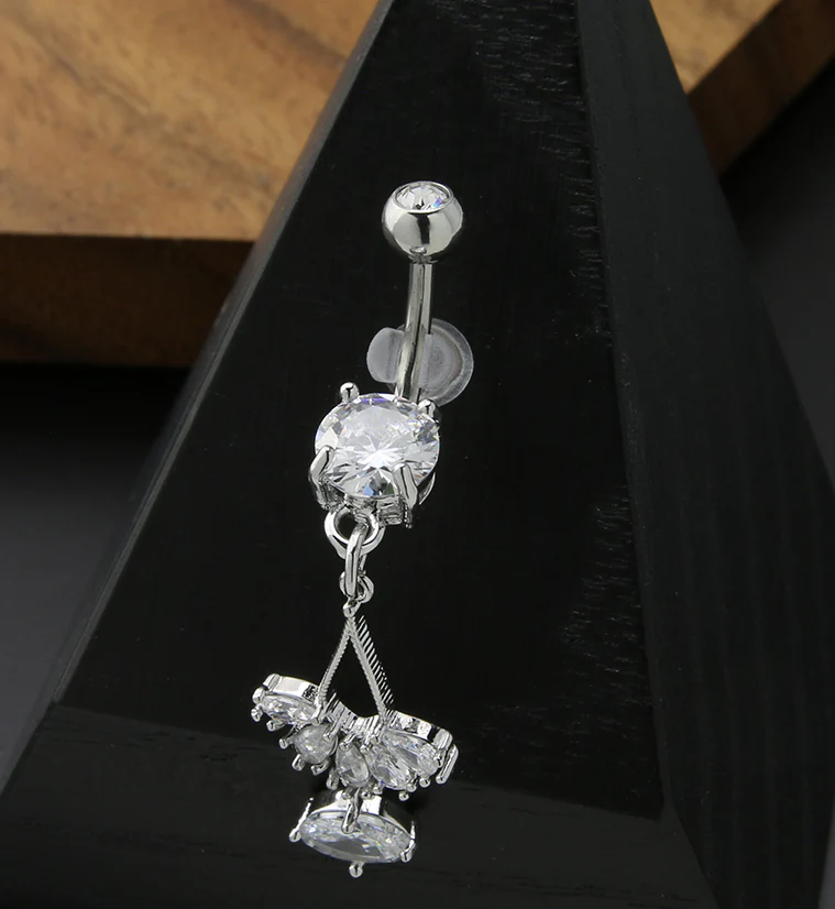 Teardrop Beacon Dangle Oval CZ Stainless Steel Belly Button Ring - Image 2