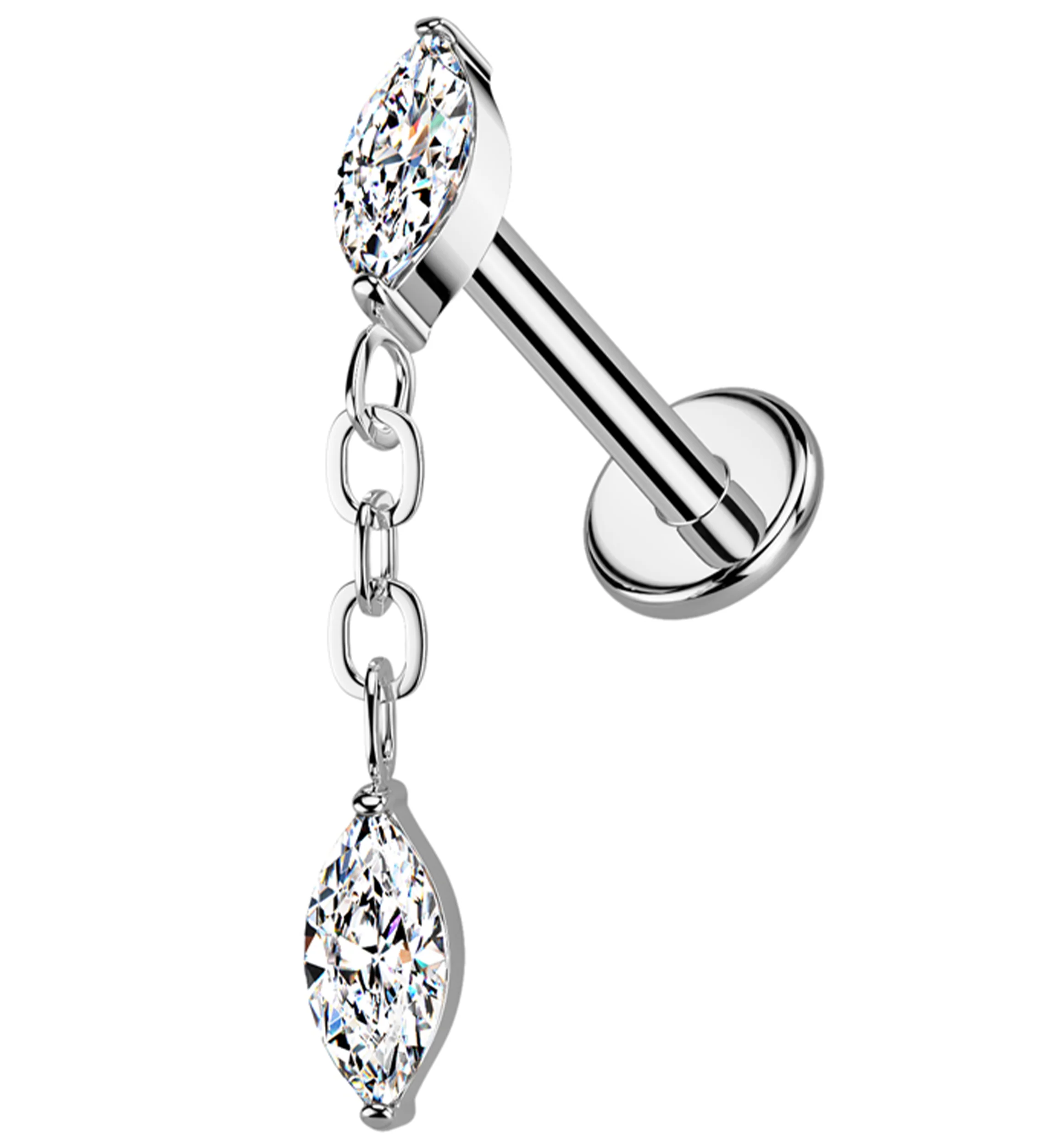 Teardrop Chain Link Dangle Clear CZ Internally Threaded Titanium Labret