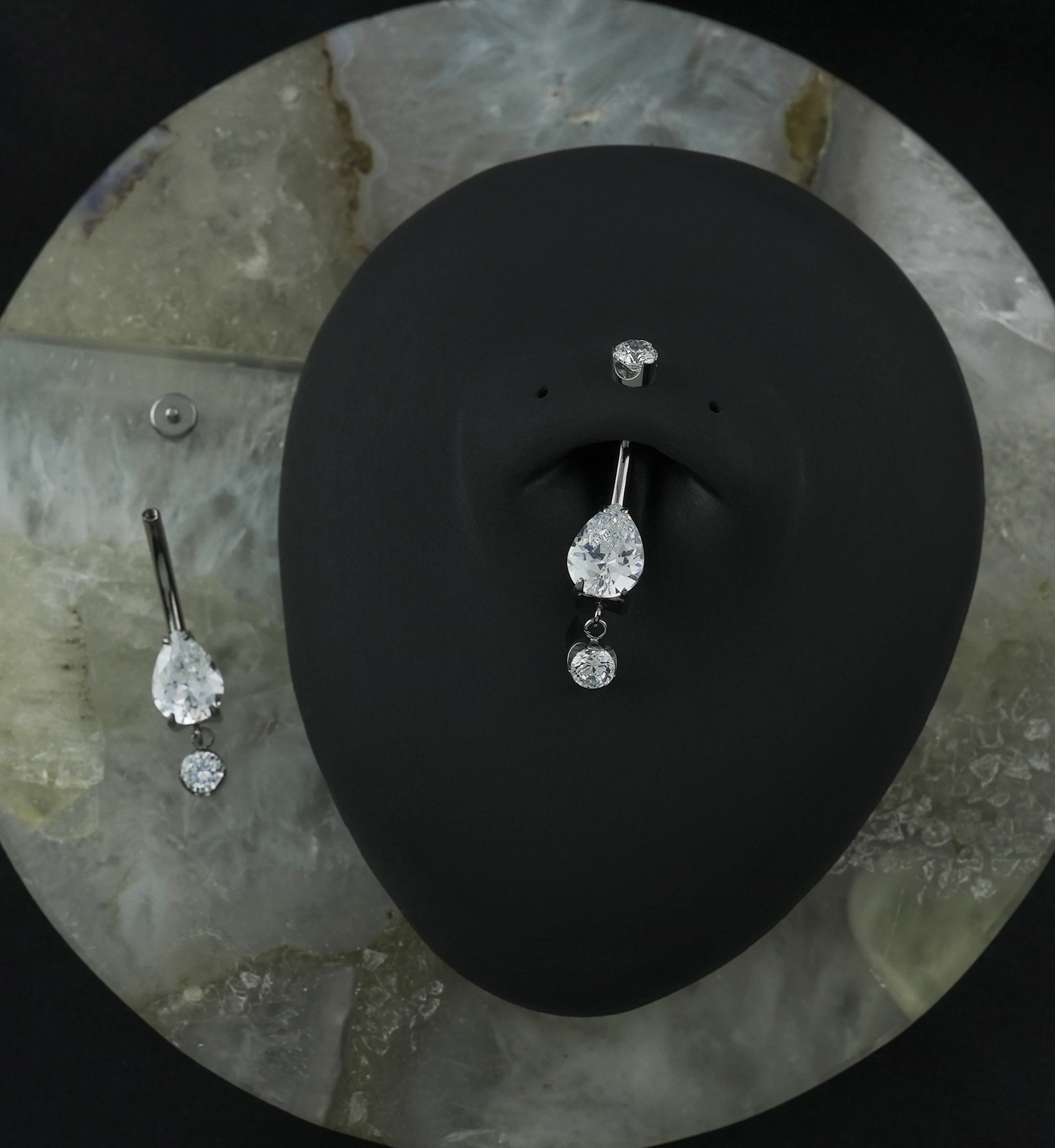 Teardrop Clear CZ Dangle Titanium Internally Threaded Belly Button Ring - Image 3