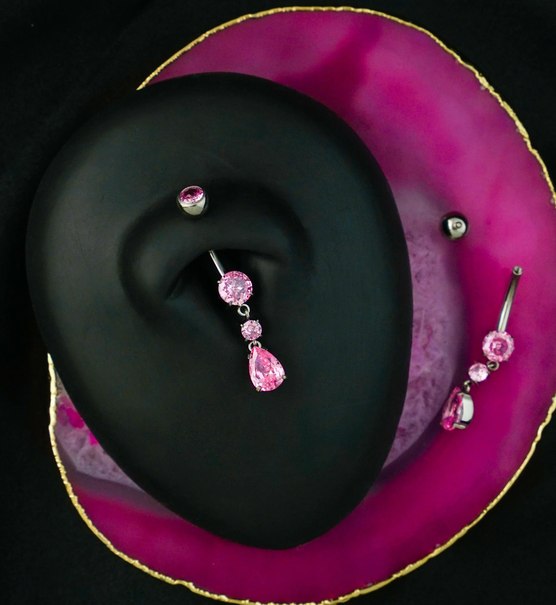 Teardrop Dangle Pink CZ Internally Threaded Titanium Belly Button Ring - Image 2