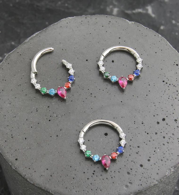 Teardrop Icicle Rainbow CZ Titanium Hinged Segment Ring - Image 2