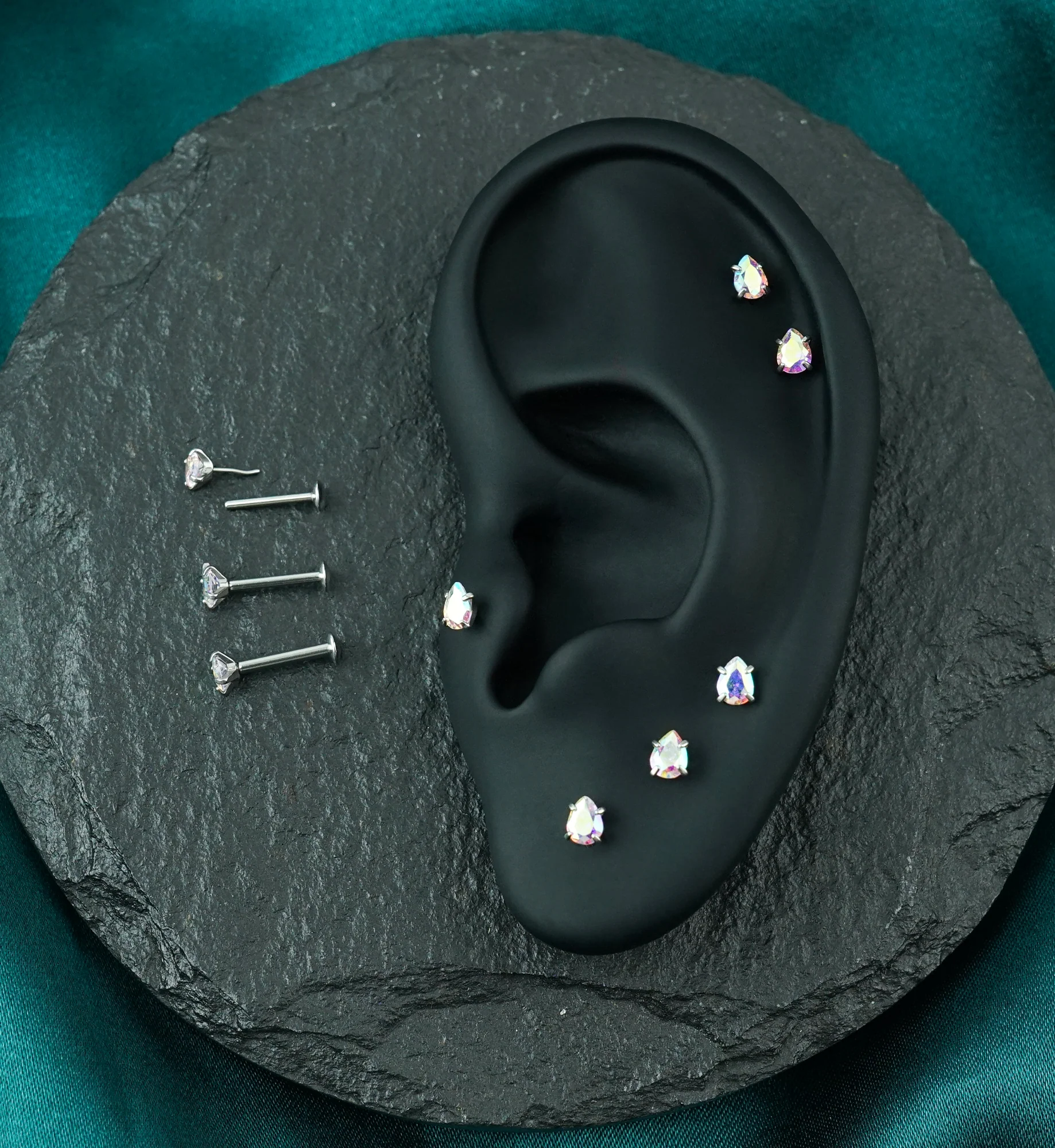 Teardrop Prong Rainbow Aurora CZ Stainless Steel Threadless Convex Disk Labret - Image 2