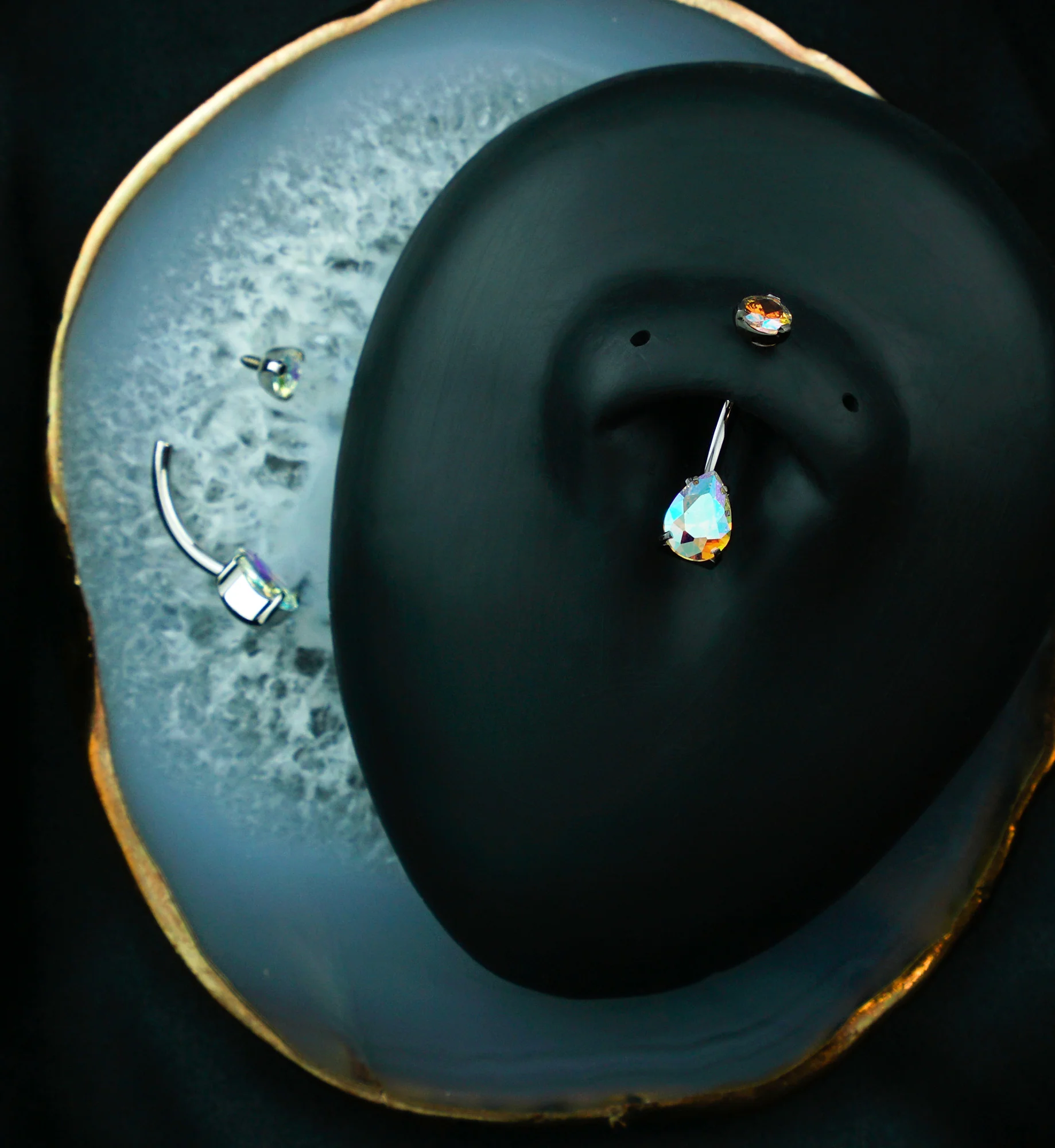 Teardrop Rainbow Aurora CZ Titanium Internally Threaded Belly Button Ring - Image 2