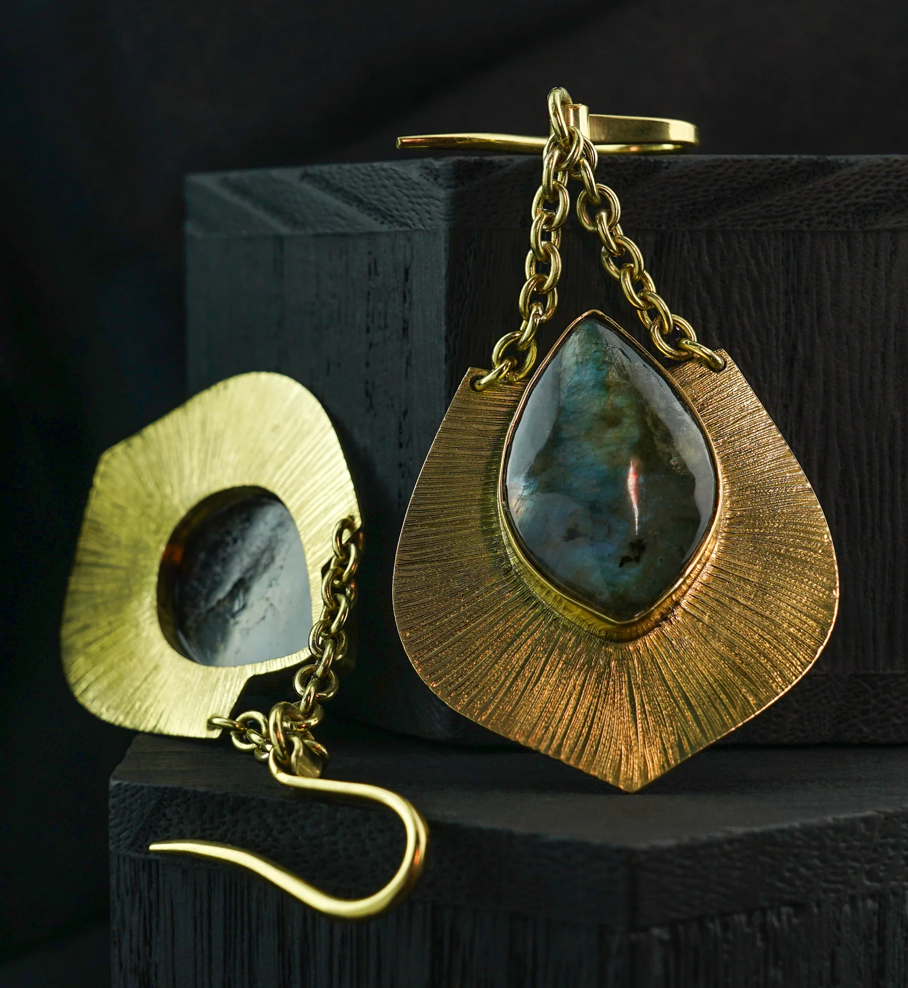 Teardrop Score Labradorite Stone Hanging Brass Earrings/Hangers - Image 2