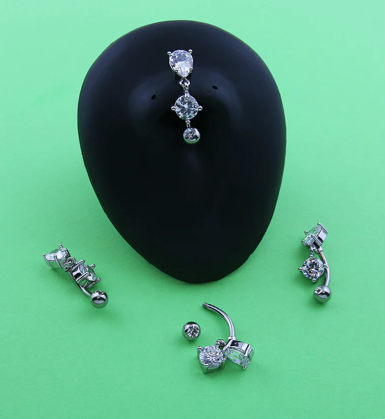 Teardrop Top Clear CZ Dangle Stainless Steel Belly Button Ring - Image 2