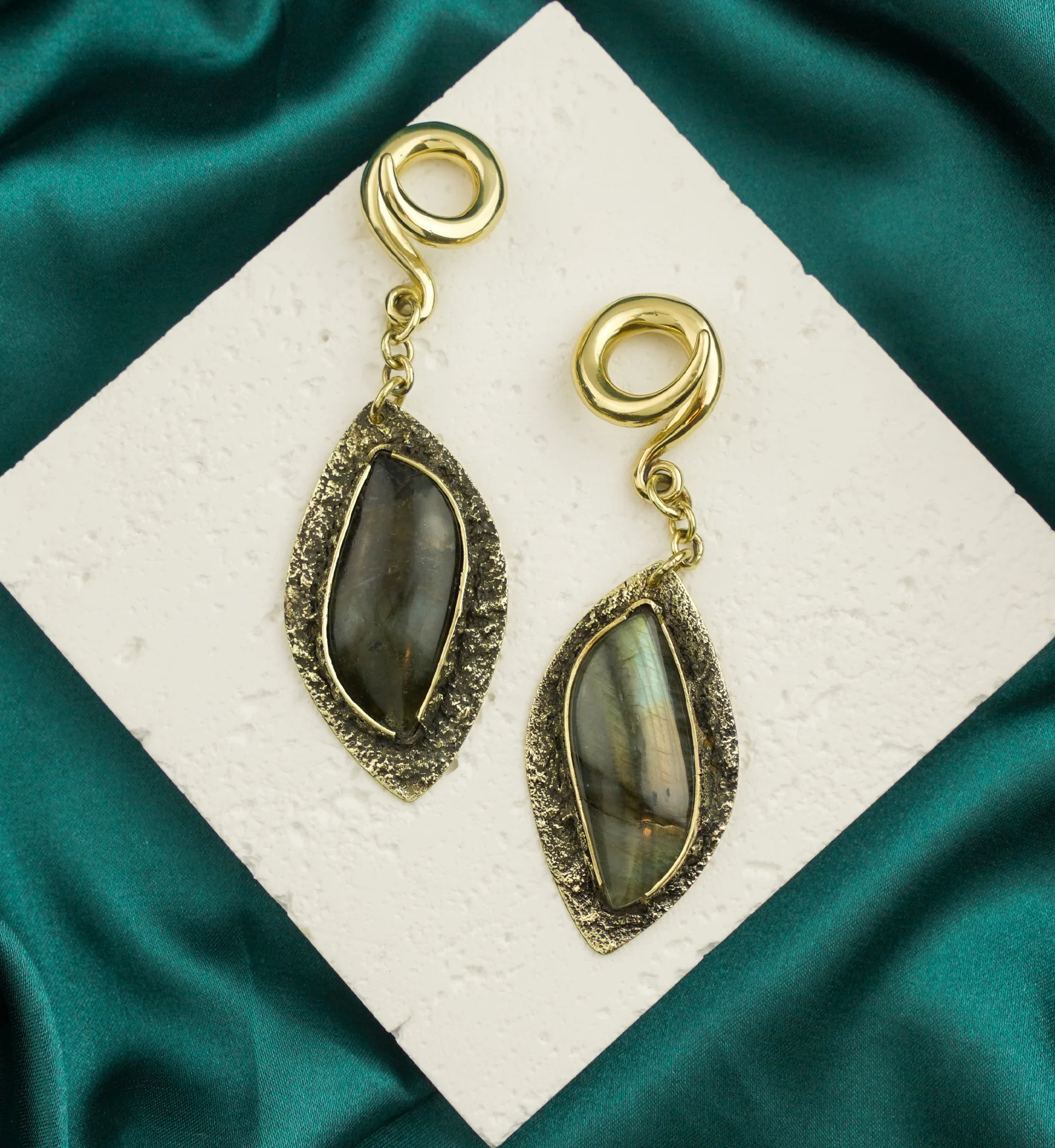 Textured Labradorite Stone Brass Hangers/Ear Weights Version 17 - Image 2
