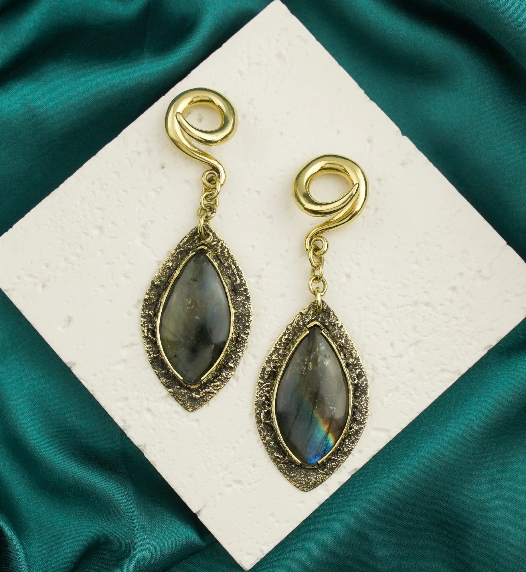 Textured Labradorite Stone Brass Hangers/Ear Weights Version 18 - Image 2