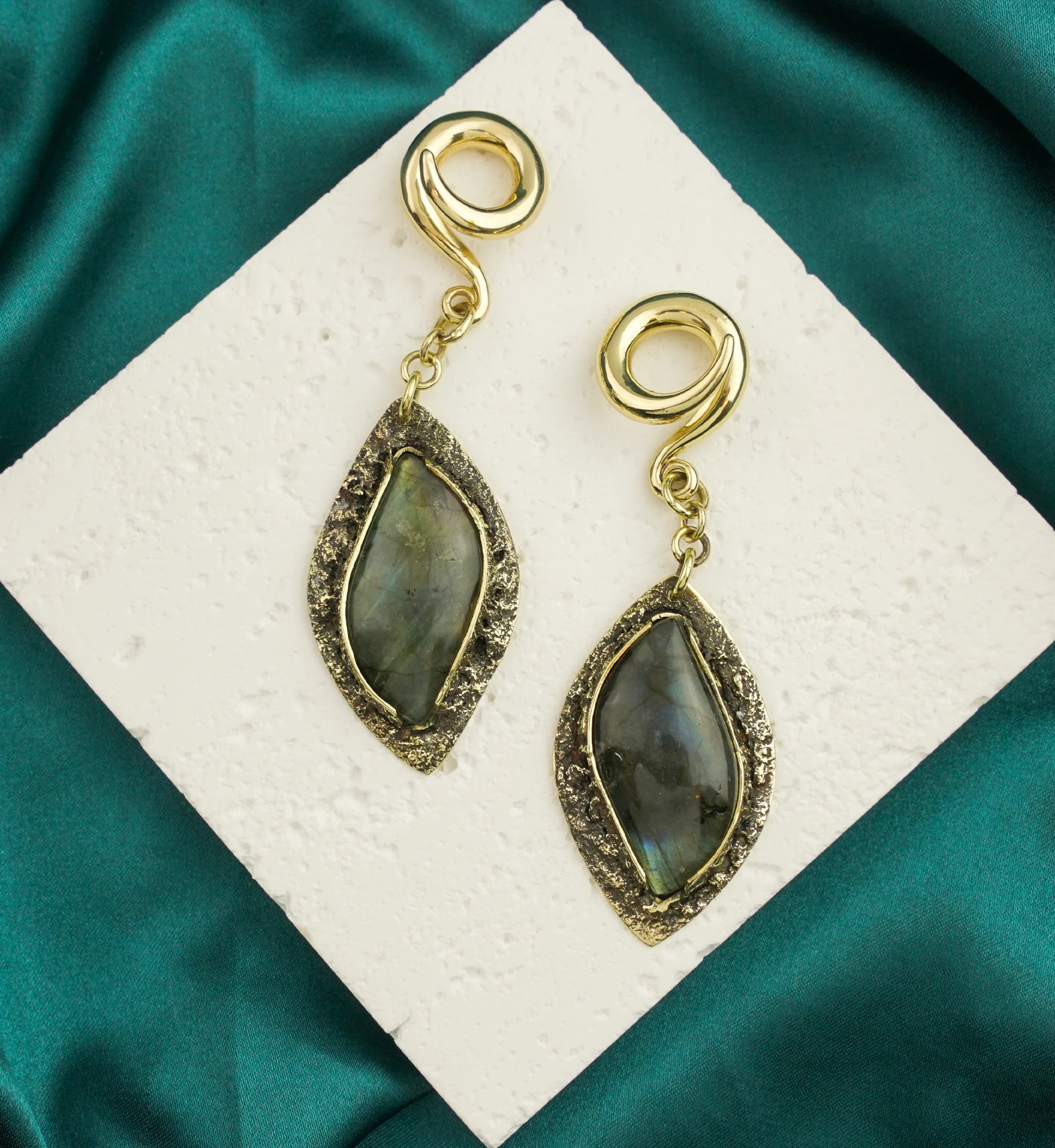 Textured Labradorite Stone Brass Hangers/Ear Weights Version 22 - Image 2