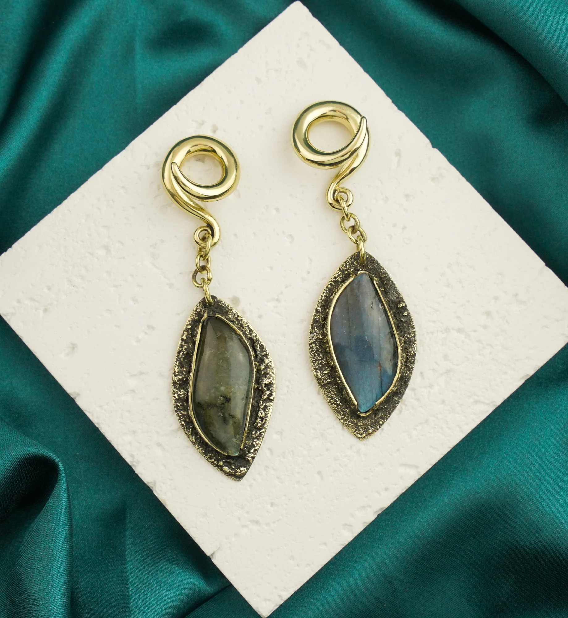 Textured Labradorite Stone Brass Hangers/Ear Weights Version 25 - Image 2