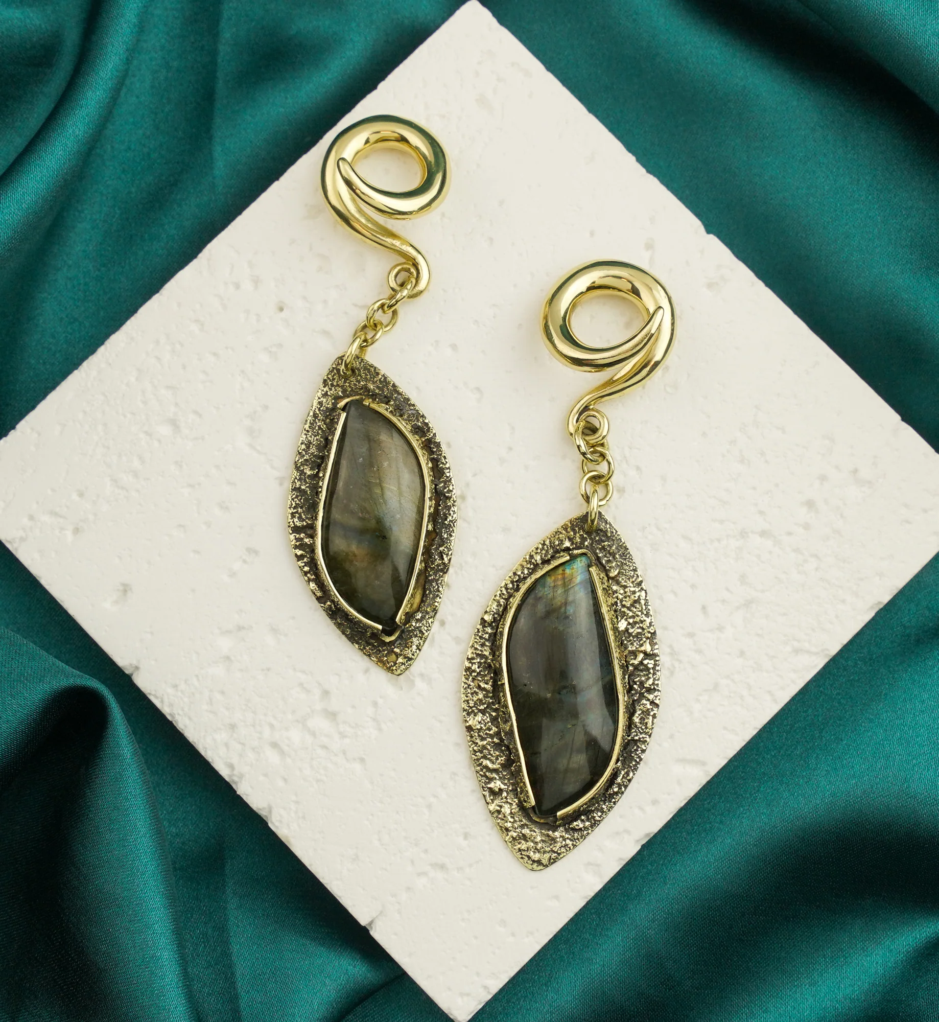 Textured Labradorite Stone Brass Hangers/Ear Weights Version 28 - Image 2