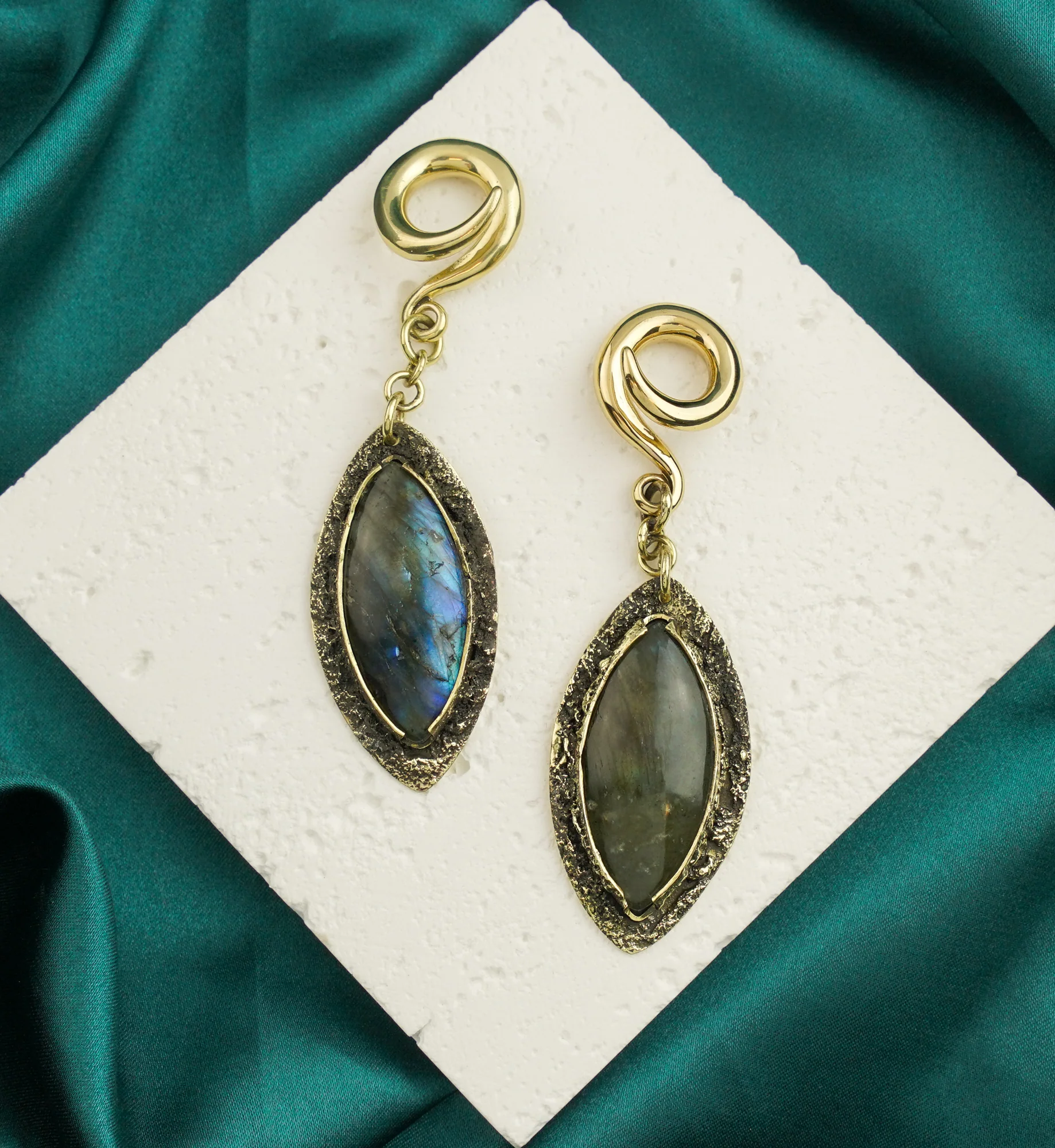 Textured Labradorite Stone Brass Hangers/Ear Weights Version 31 - Image 2