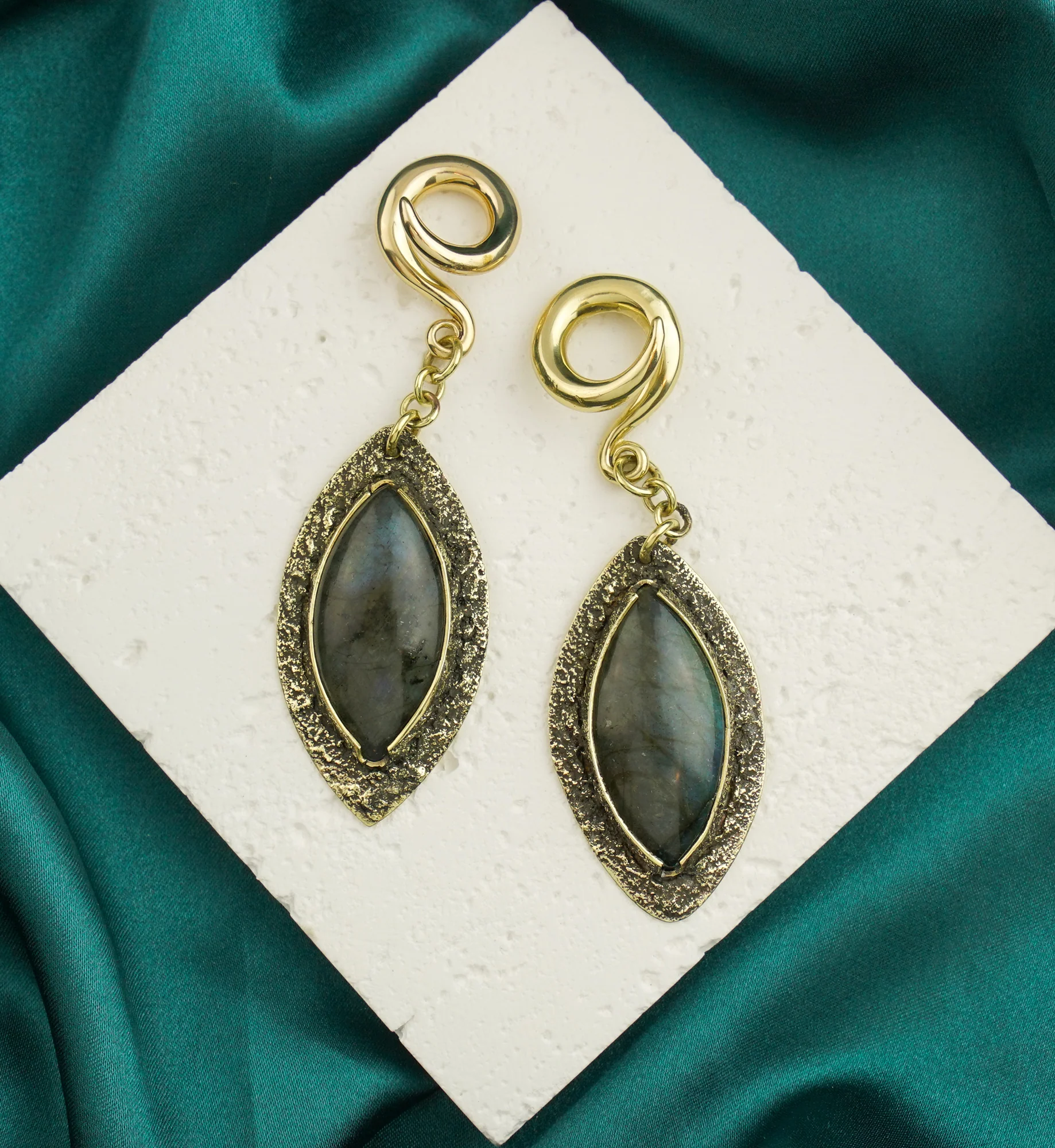 Textured Labradorite Stone Brass Hangers/Ear Weights Version 4 - Image 2