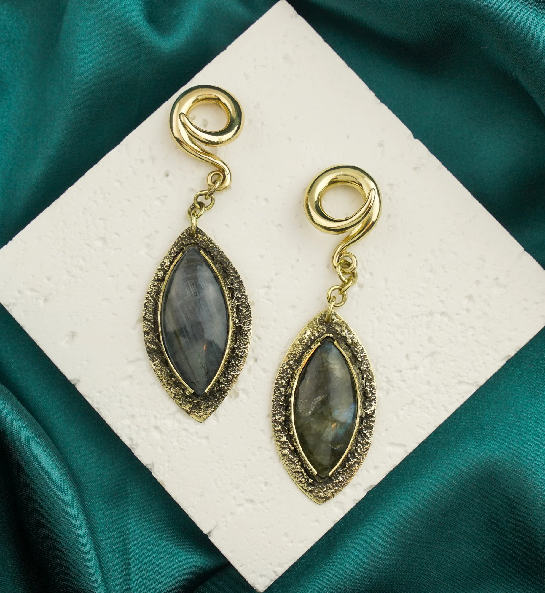 Textured Labradorite Stone Brass Hangers/Ear Weights Version 7 - Image 2