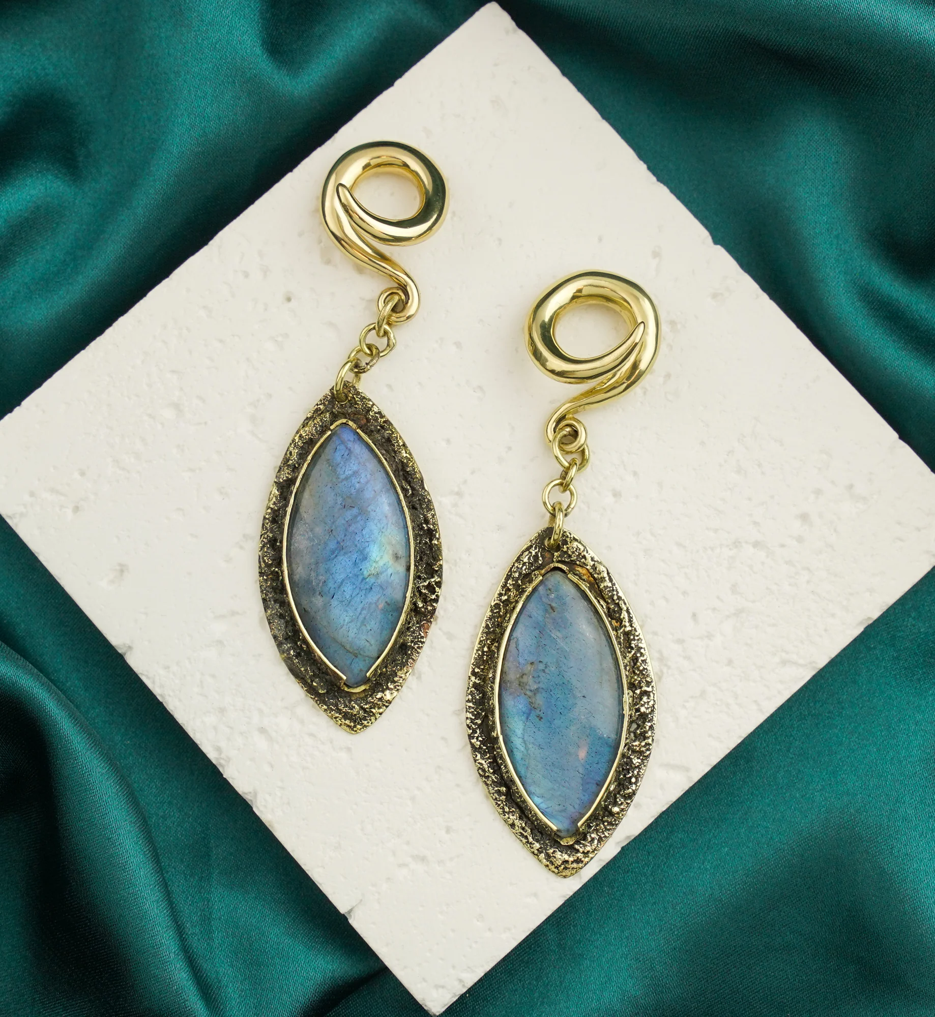 Textured Labradorite Stone Brass Hangers/Ear Weights Version 9 - Image 2
