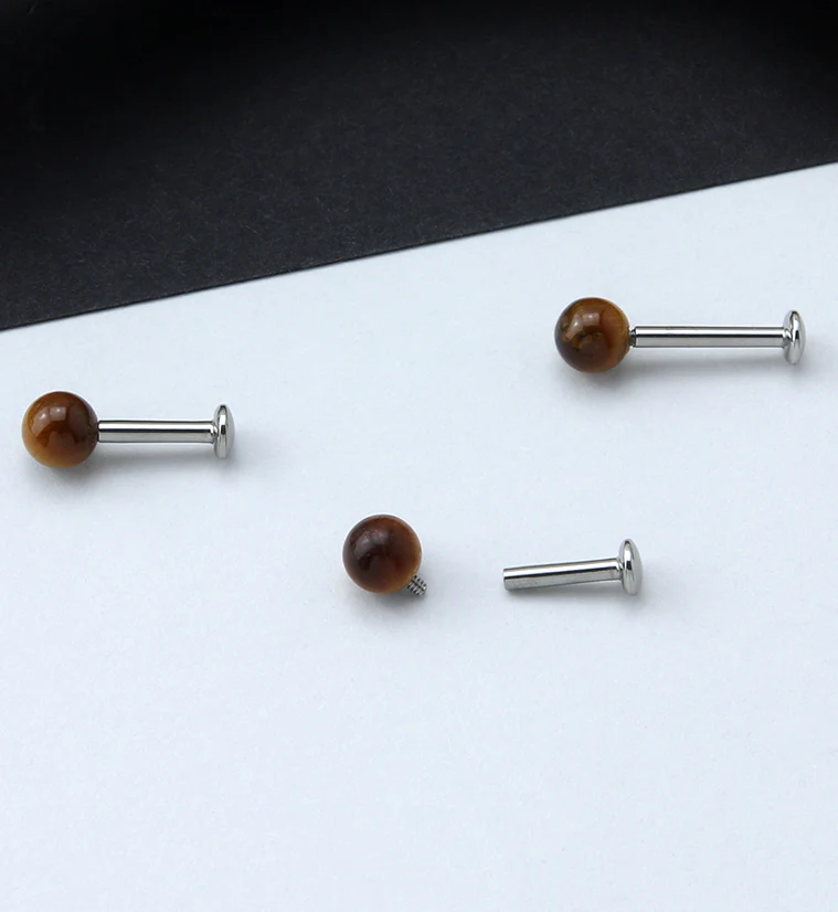 Tiger Eye Stone Ball Top Internally Threaded Labret - Image 2