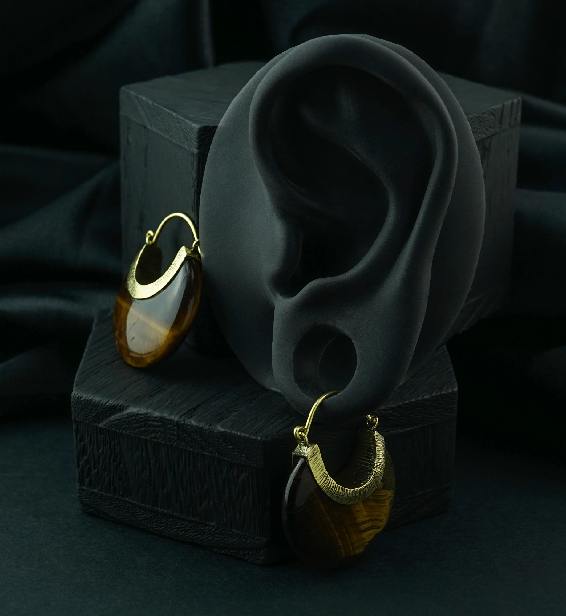 Tiger Eye Textured Brass Stone Earrings - Image 2