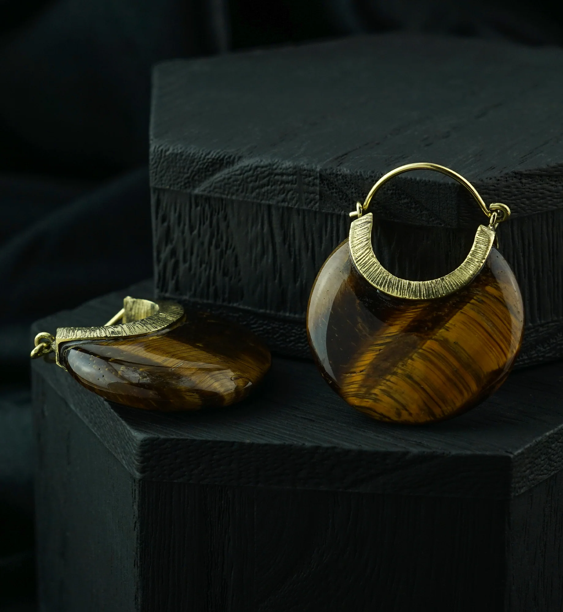 Tiger Eye Textured Brass Stone Earrings - Image 4