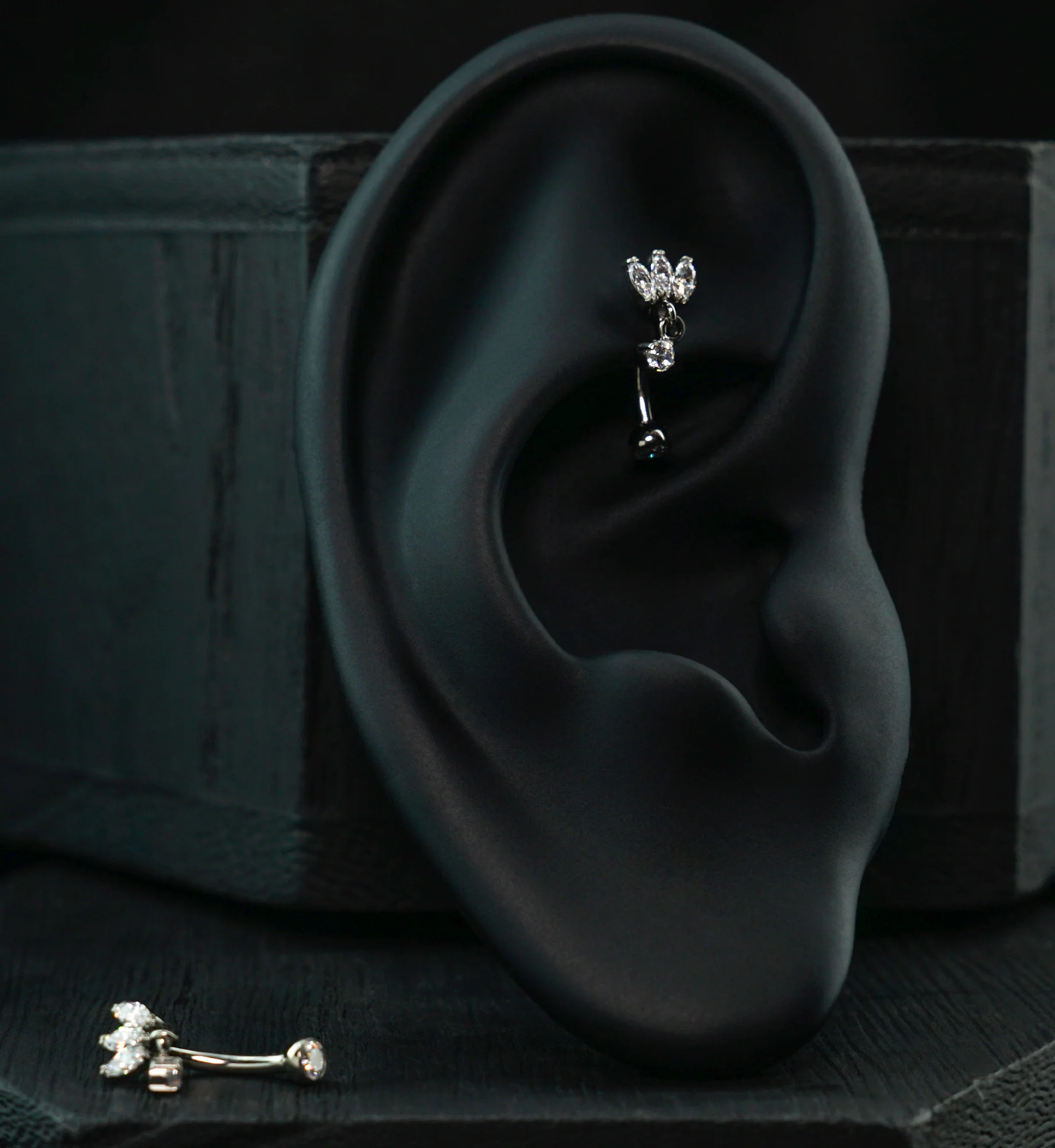 Tri Sepal Floating Clear CZ Dangle Titanium Internally Threaded Curved Barbell - Image 2