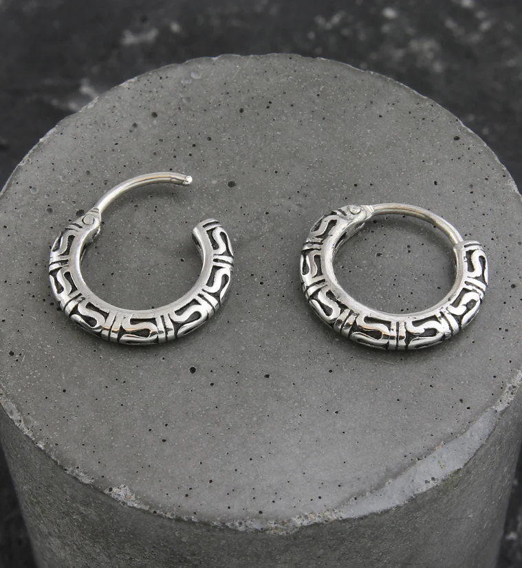 Tribal Stainless Steel Hinged Hoop Earrings - Image 2