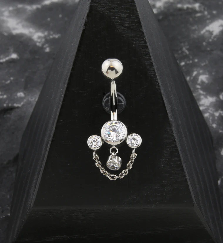 Trifecta Clear CZ Dangle Chain Internally Threaded Titanium Belly Button Ring - Image 2