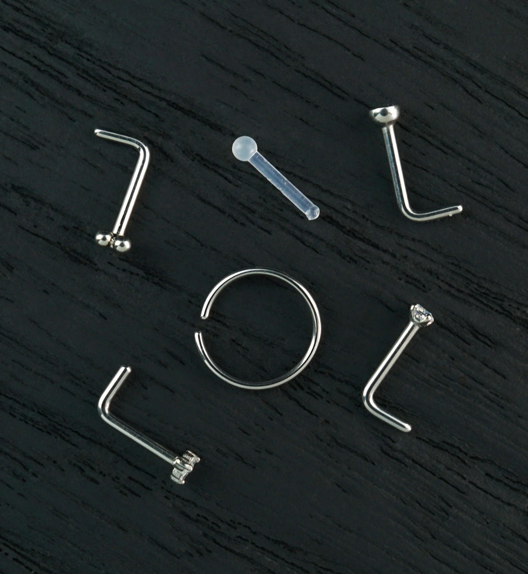 Trinity Clear CZ Stainless Steel L Bend/Stud/Hoop Variety Nose Ring Pack (6 Pc)
