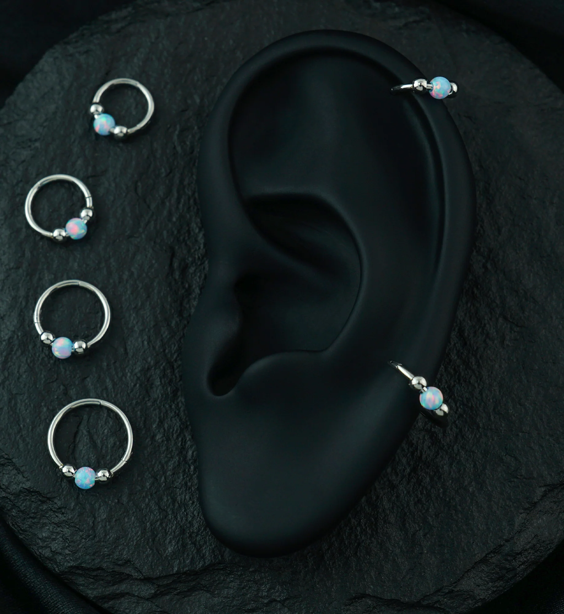 Triple Ball White Opalite Stainless Steel Hinged Segment Ring - Image 3
