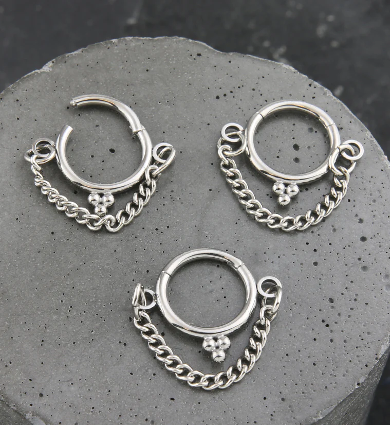 Triple Bead Dangle Chain Titanium Hinged Segment Ring - Image 2