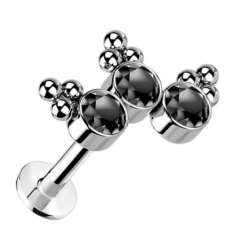 16G Triple Beaded Black CZ Curve Titanium Threadless Labret