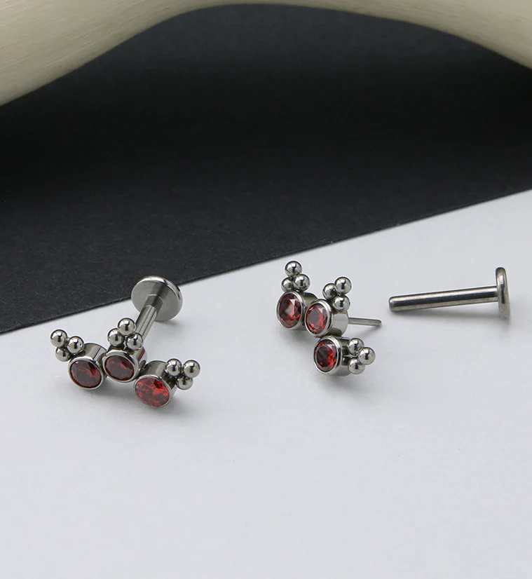 16G Triple Beaded Red CZ Curve Titanium Threadless Labret - Image 2