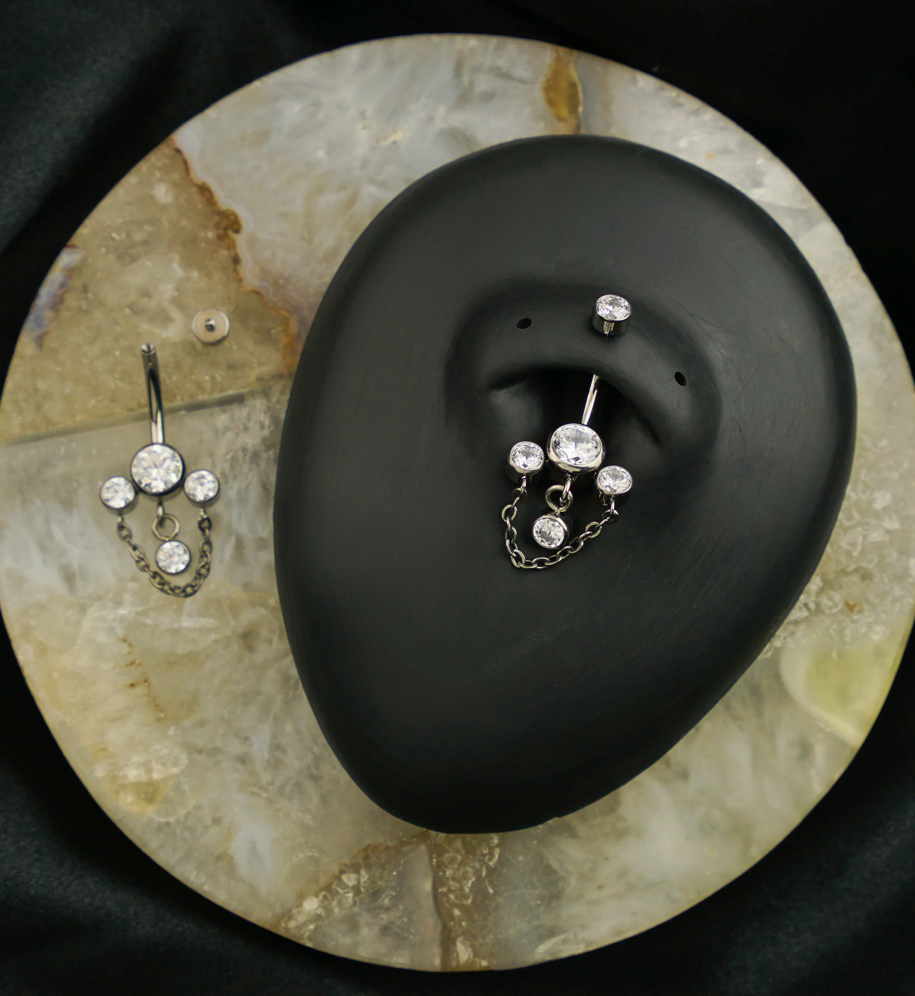 Triple Bezel Clear CZ Dangle Chain Titanium Internally Threaded Belly Button Ring - Image 2