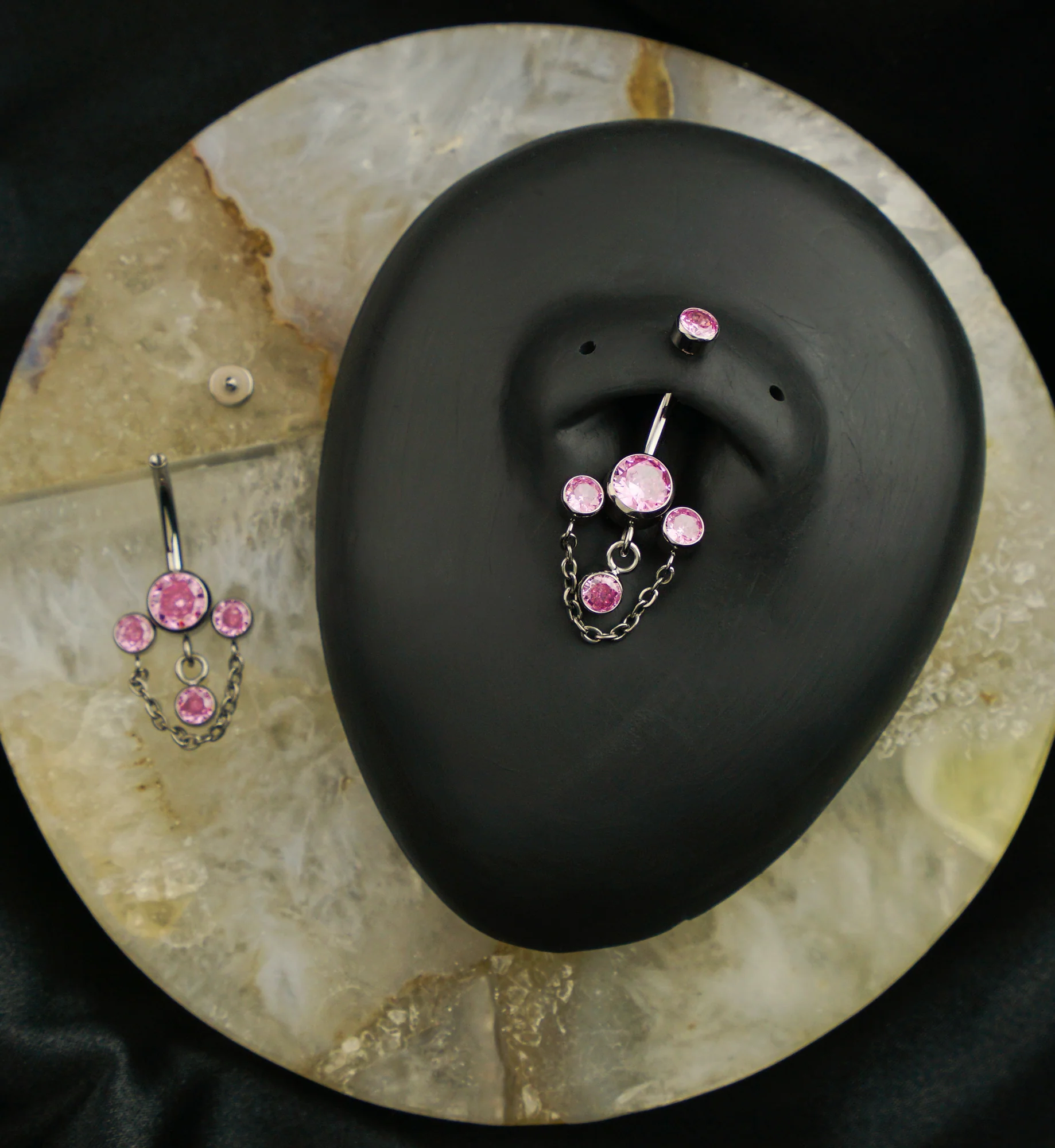 Triple Bezel Light Pink CZ Dangle Chain Titanium Internally Threaded Belly Button Ring - Image 2