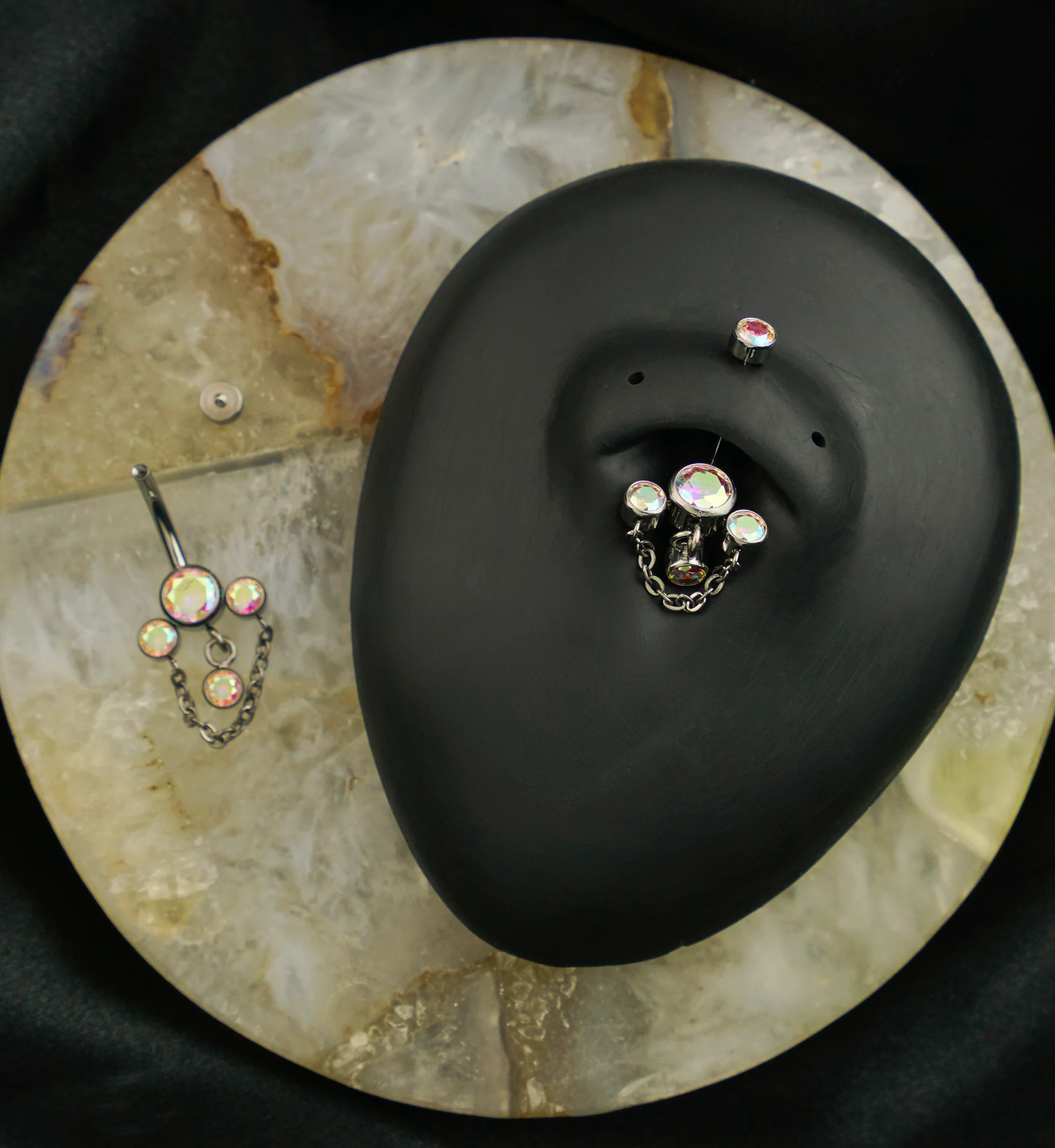 Triple Bezel Rainbow Aurora CZ Dangle Chain Titanium Internally Threaded Belly Button Ring - Image 2
